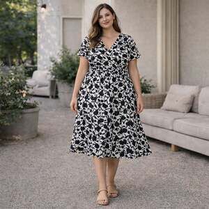 Maggy London Plus 20W Navy Blue & White Floral Faux Wrap Dress Asymmetrical Hem